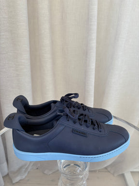 Chanel Navy Leather Logo Lace Sneaker, 40