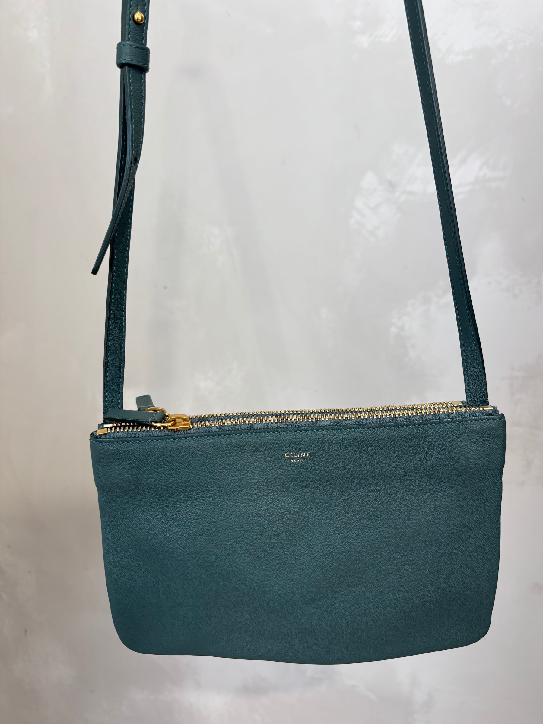 Celine Trio Leather Cross Body Bag Green