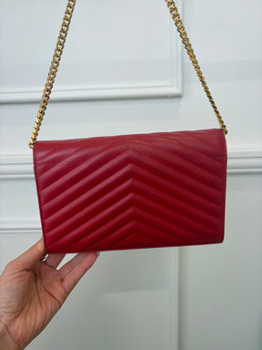 Saint Laurent Red Grained Chevron Leather Cassandre Chain Wallet