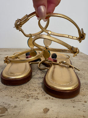 Gianvito Rossi Gold Leather Stone Embellished 'Shanti' Sandals, 35.5