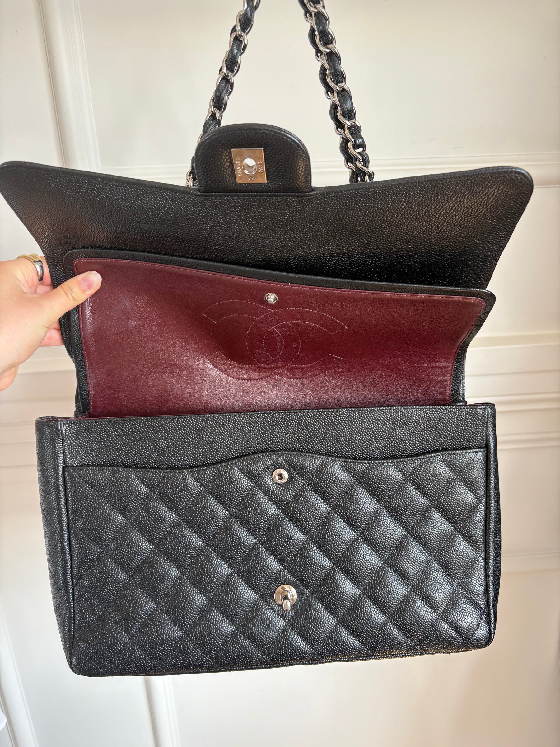 Chanel Caviar Leather Double Flap Maxi Bag Silver Hardware