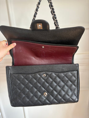 Chanel Caviar Leather Double Flap Maxi Bag Silver Hardware