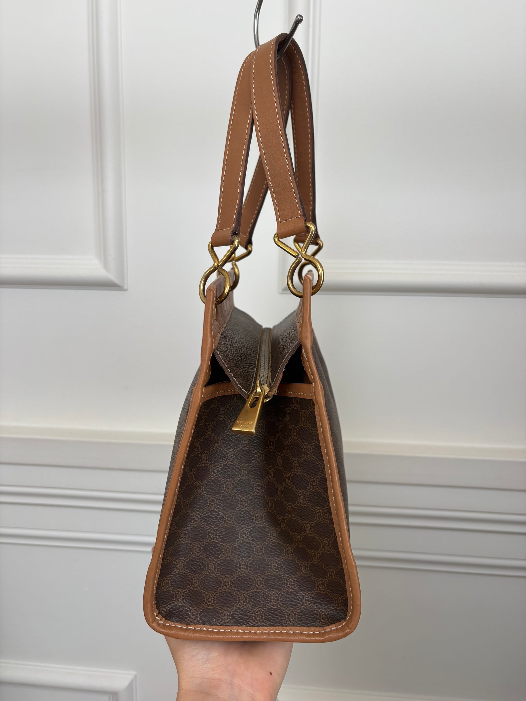Celine Vintage Brown Canvas Monogram And Tan Leather Mini Tote Bag