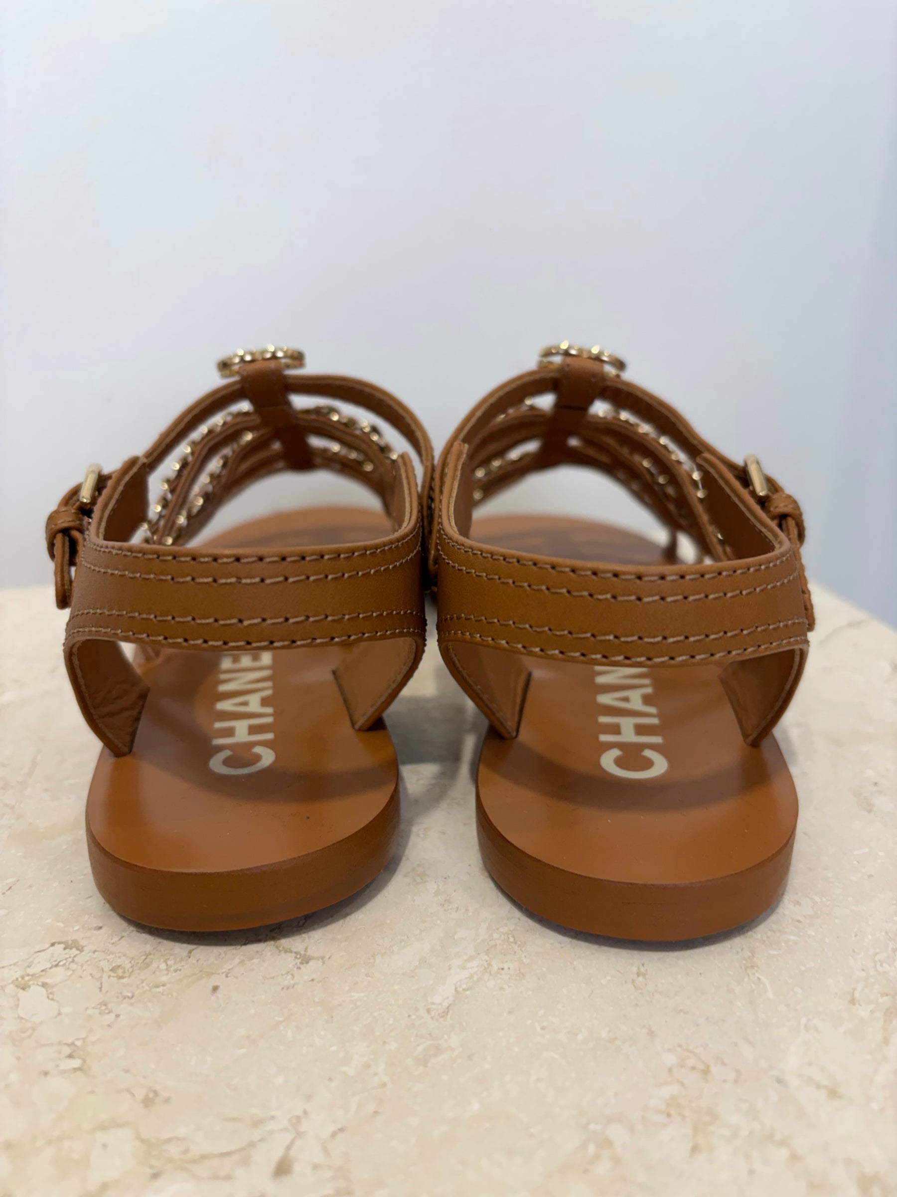 Chanel Tan Leather Chain Sandals, 37 C