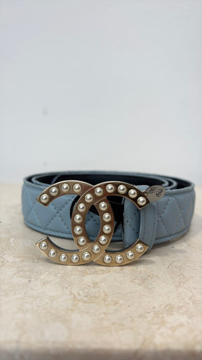 Chanel Blue Quilted Leather Pearl Logo Buckle Belt, 75