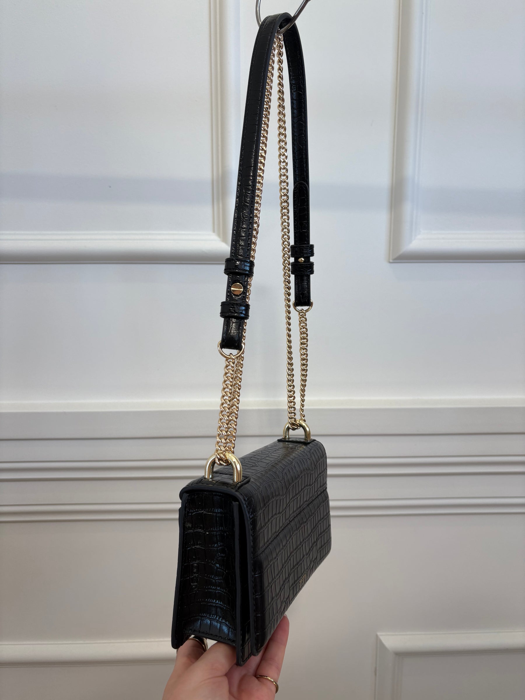 Oroton Black Croc Embossed Small Shoulder Bag