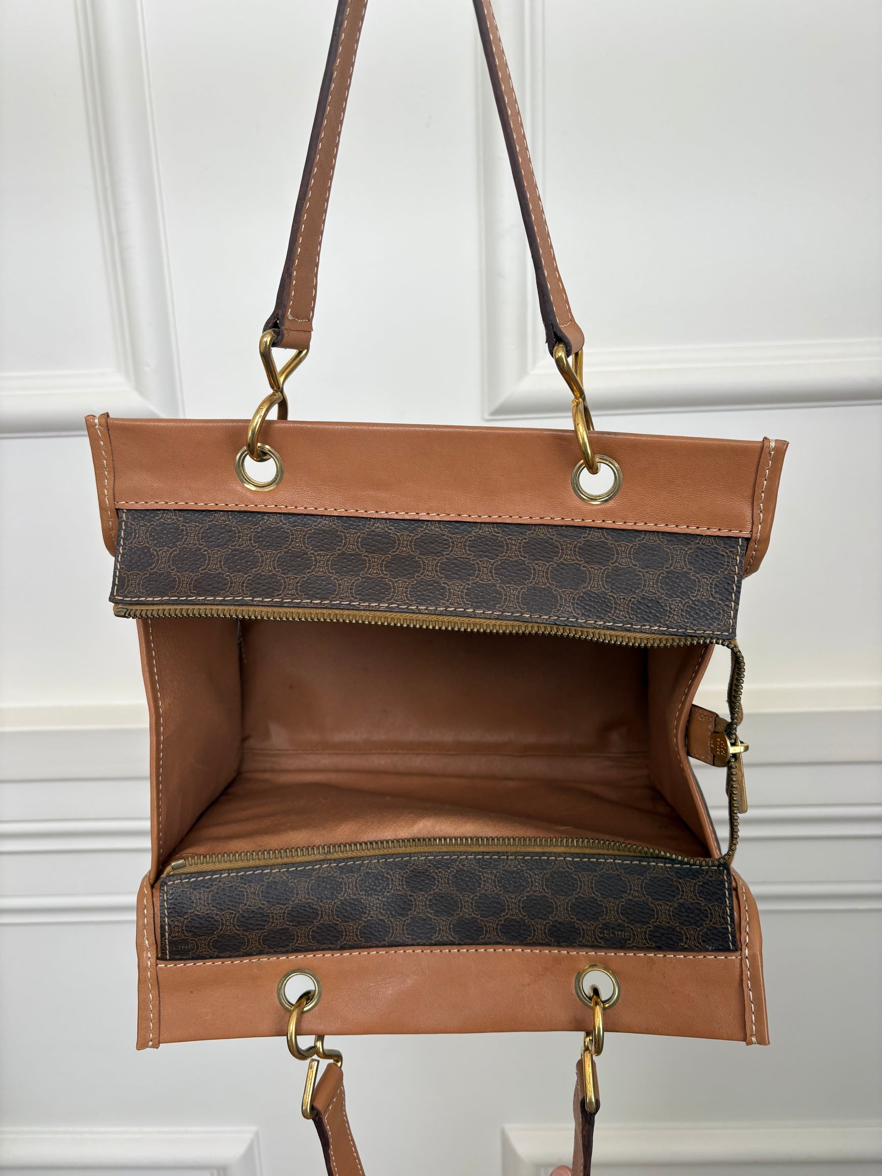 Celine Vintage Brown Canvas Monogram And Tan Leather Mini Tote Bag