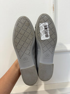 Chanel Grey Crinkled Leather Ballet Flats with Black Patent Cap, 37.5