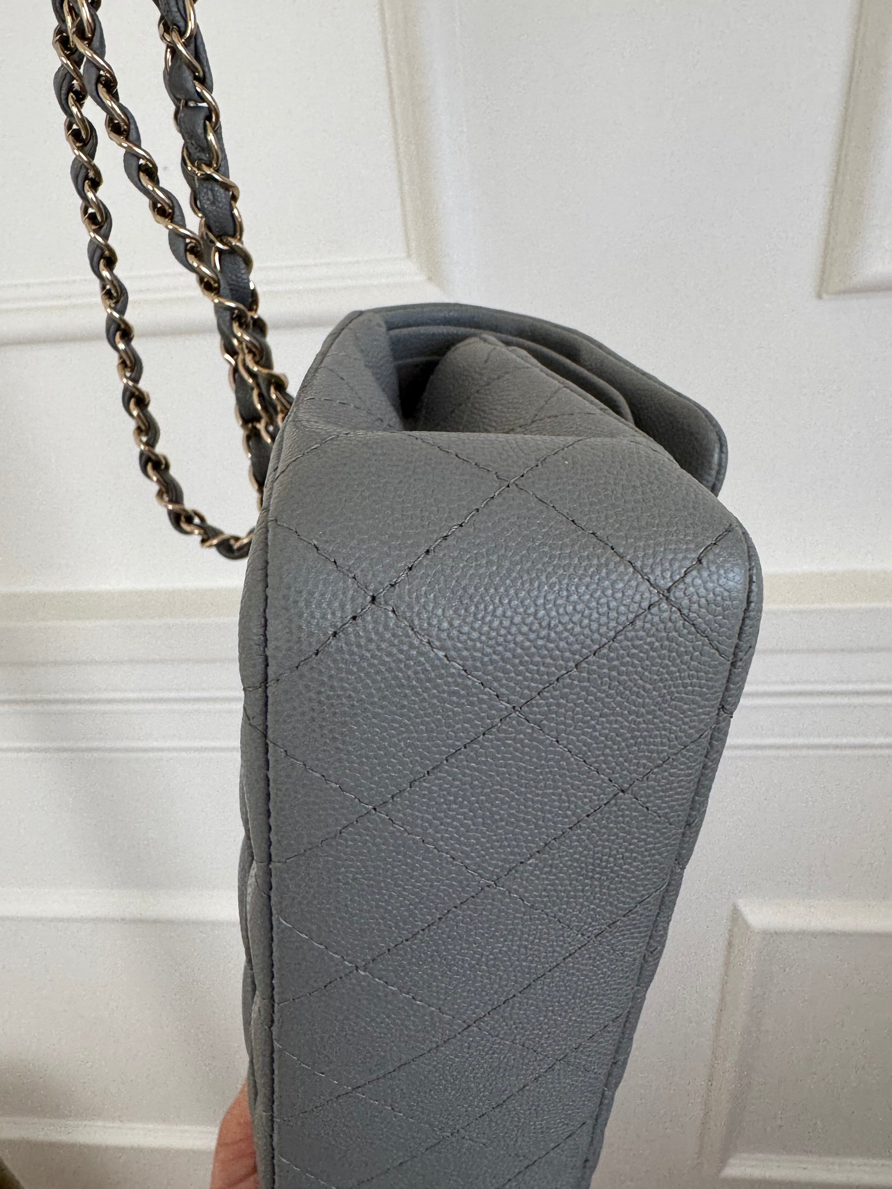 Chanel Small Grey Caviar Leather Flap Bag With Gold Tone Hardware