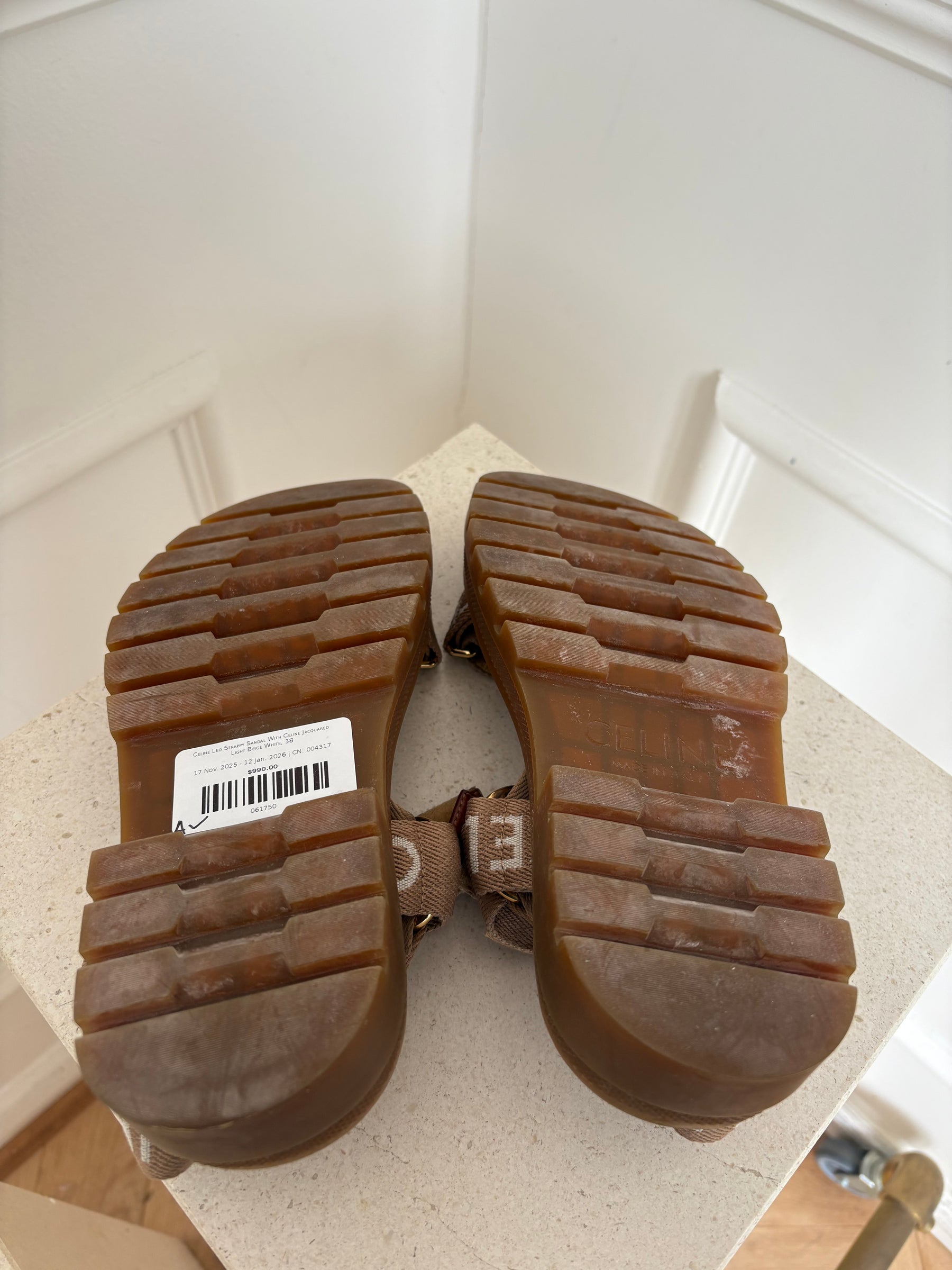 Celine Leo Strappy Sandal With Celine Jacquared Light Beige White, 38