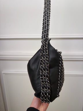 Chanel Lambskin Chain Hobo Bag Black Silver HW