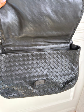 Bottega Veneta Black Intrecciato Leather Double Flap Bag
