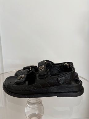 Chanel Black Caviar Leather Dad Sandals, 37.5C