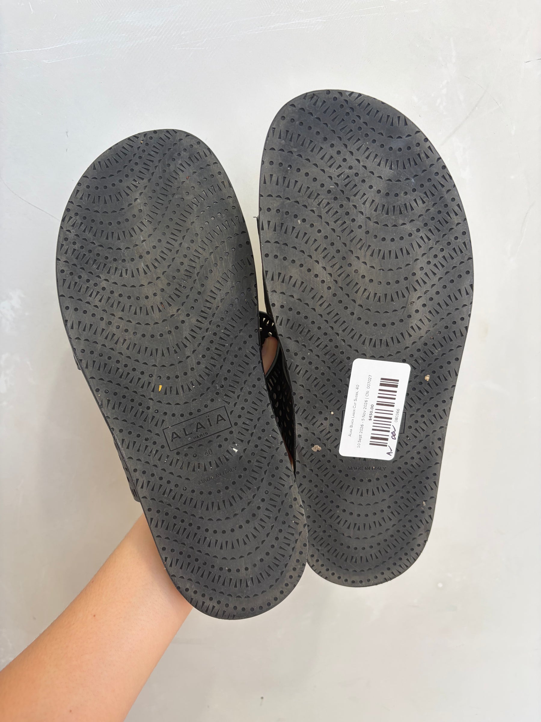 Alaia Black Laser Cut Slides, 40