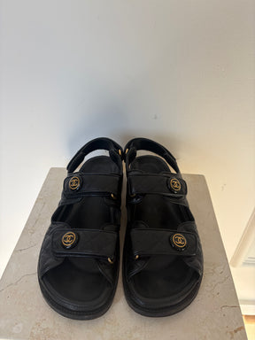 Chanel Black Caviar Leather Dad Sandals, 40 C