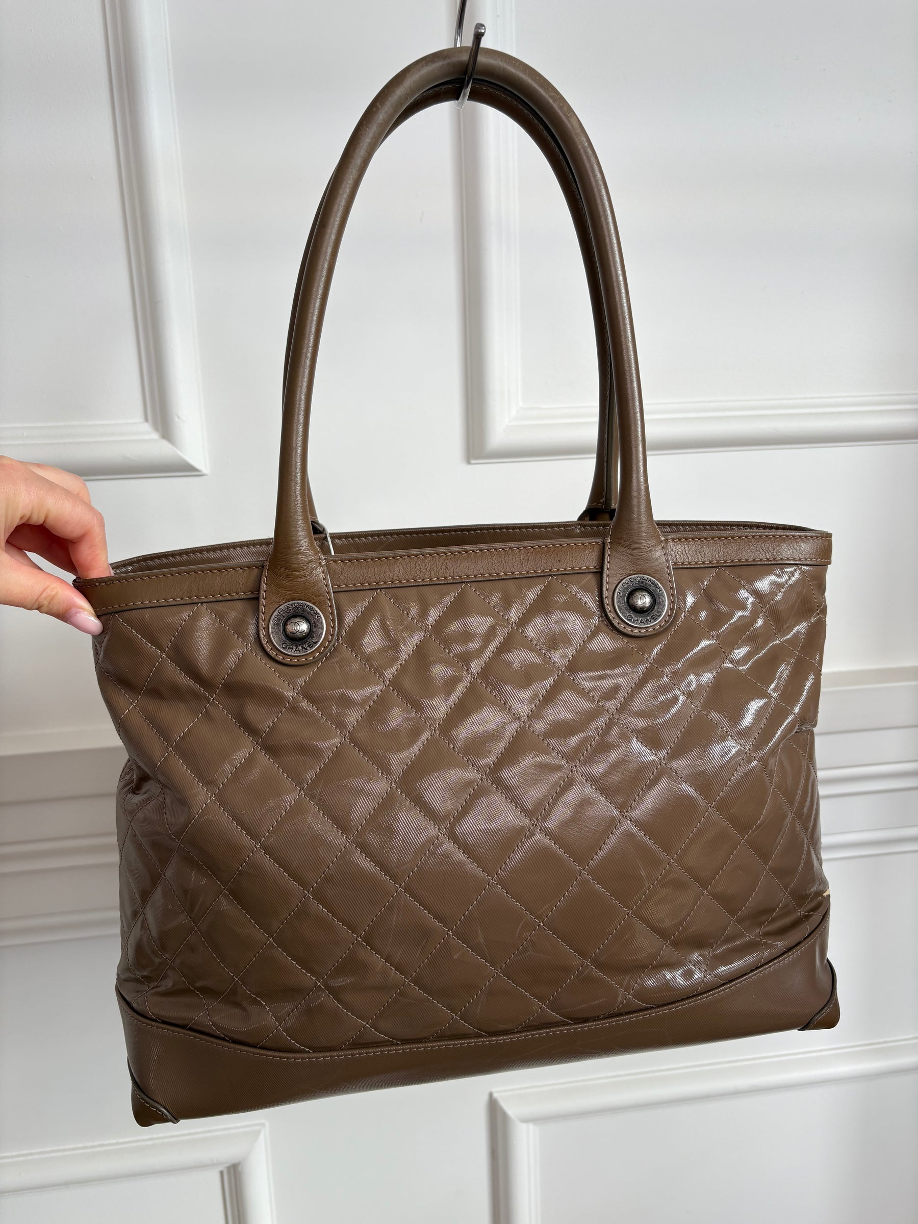Chanel Taupe Quilted Coated Canvas Shoulder Tote
