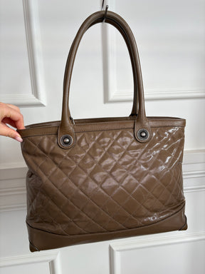 Chanel Taupe Quilted Coated Canvas Shoulder Tote