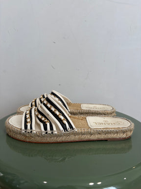 Chanel Black and White Leather Chain Espadrille Slides, 39 C