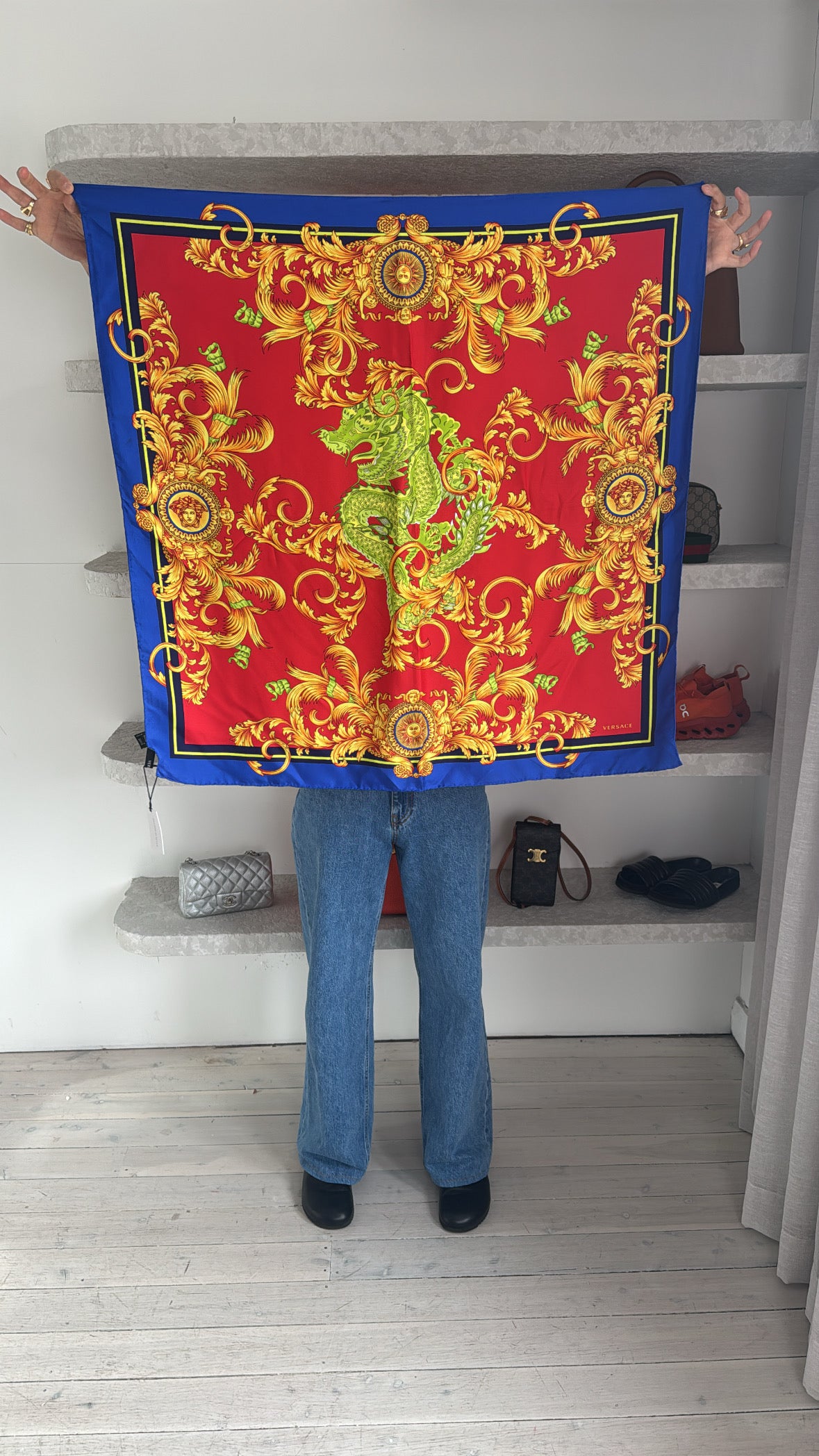 Versace Red, Blue and Yellow Baroque Print Silk Scarf
