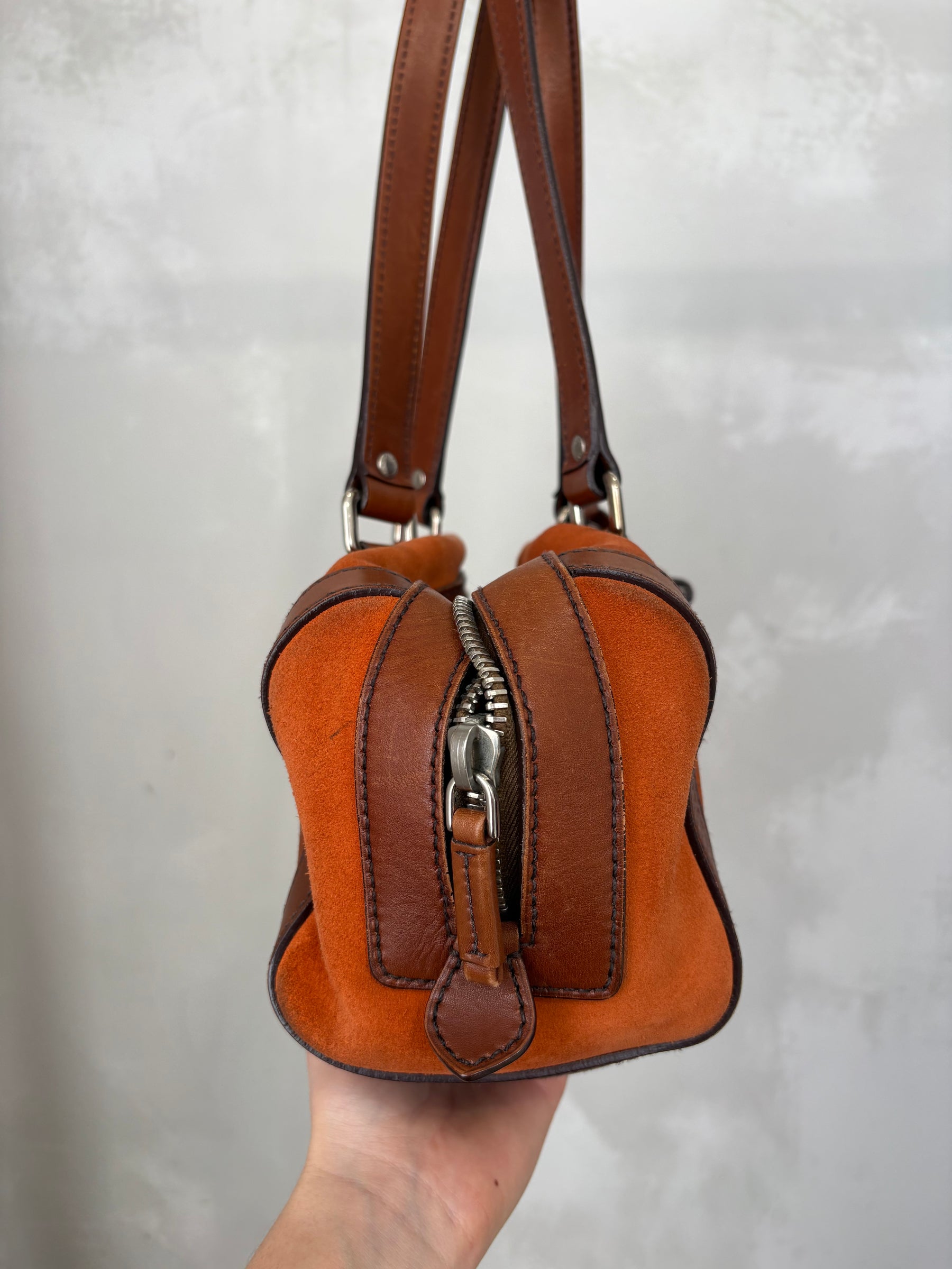 Prada Orange Suede and Brown Leather Bowling Bag