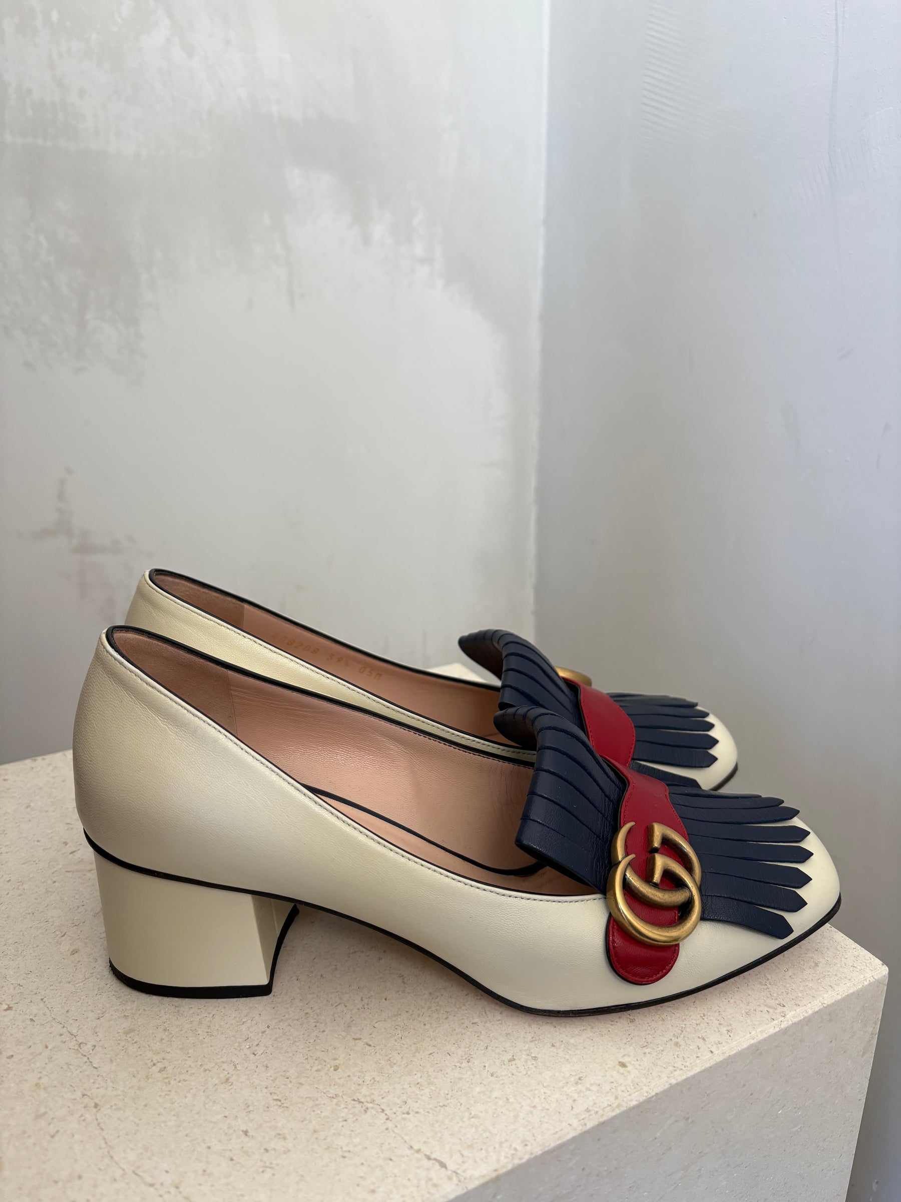 Gucci Marmont Pumps White Blue Red Fringe Detail, 39.5