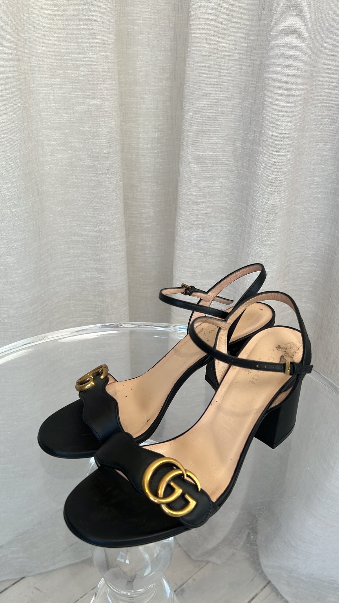 Gucci Black Leather Marmont Strappy Heels, 37