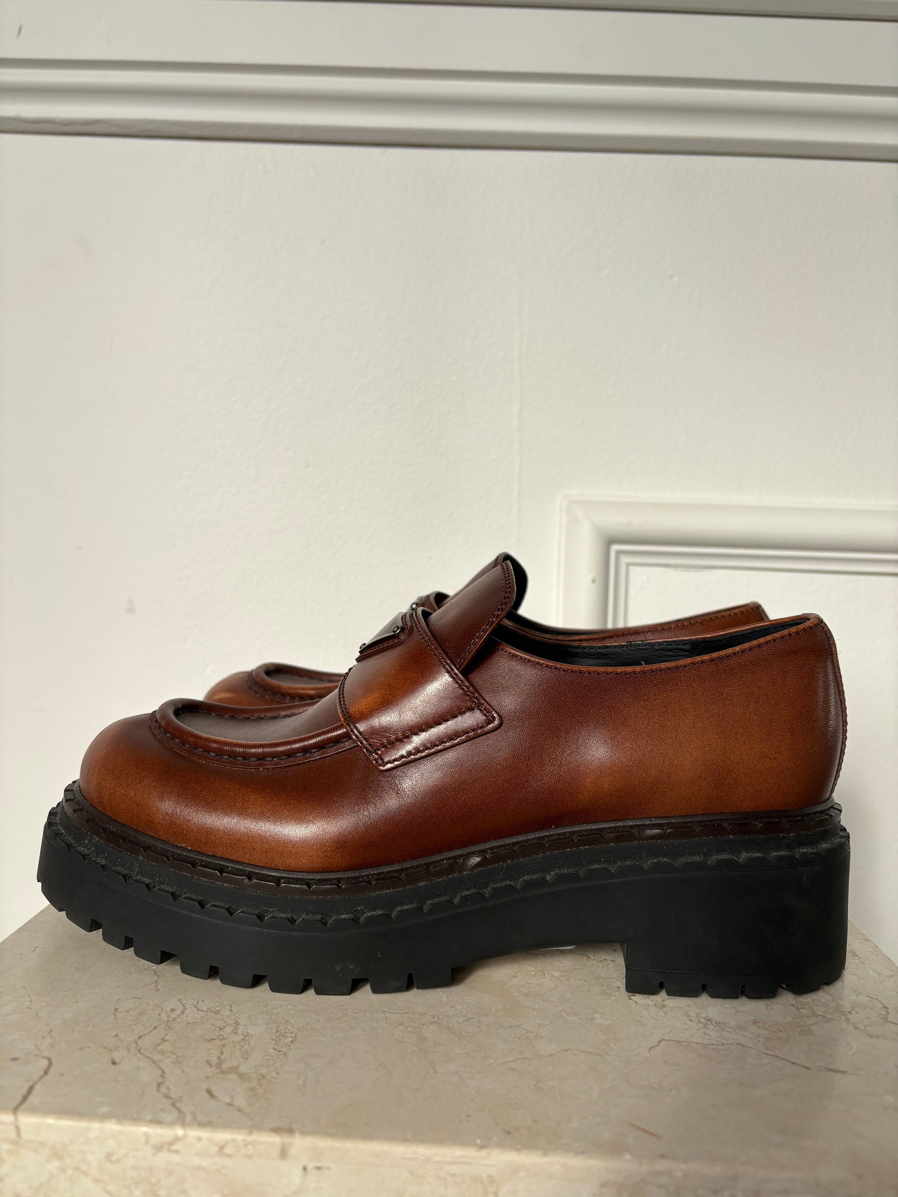 Prada Logo Leather Platform Loafers, 39