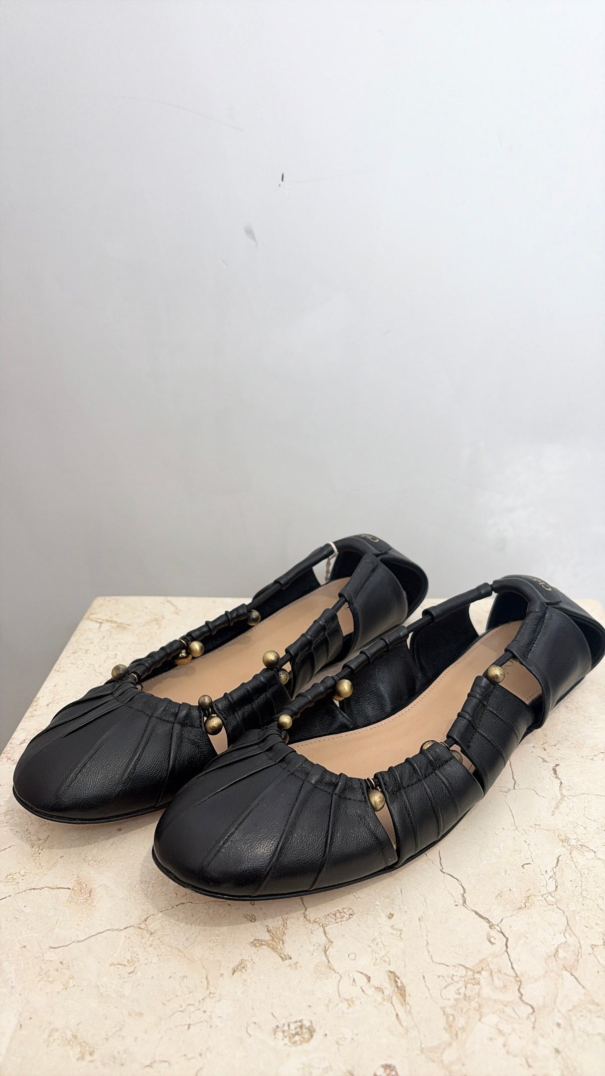 Chloé Black Leather Beaded Cut Out Ballet Flats, 37