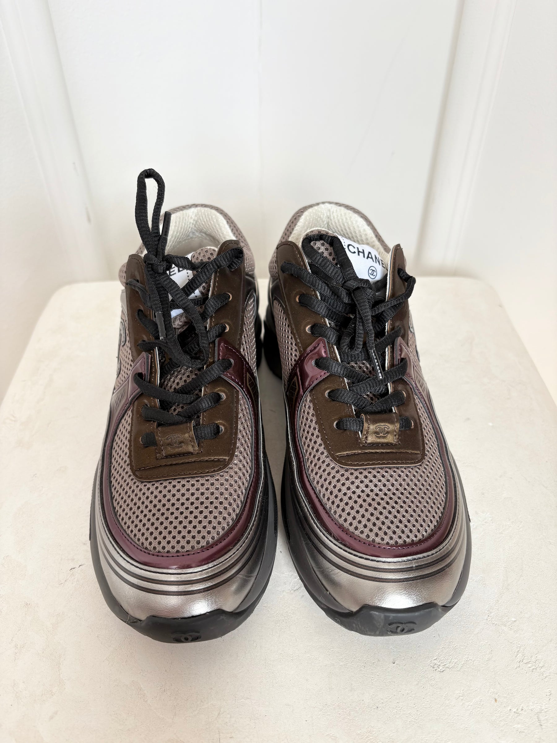 Chanel Silver, Bronze and Grey Metallic Logo Sneakers, 38