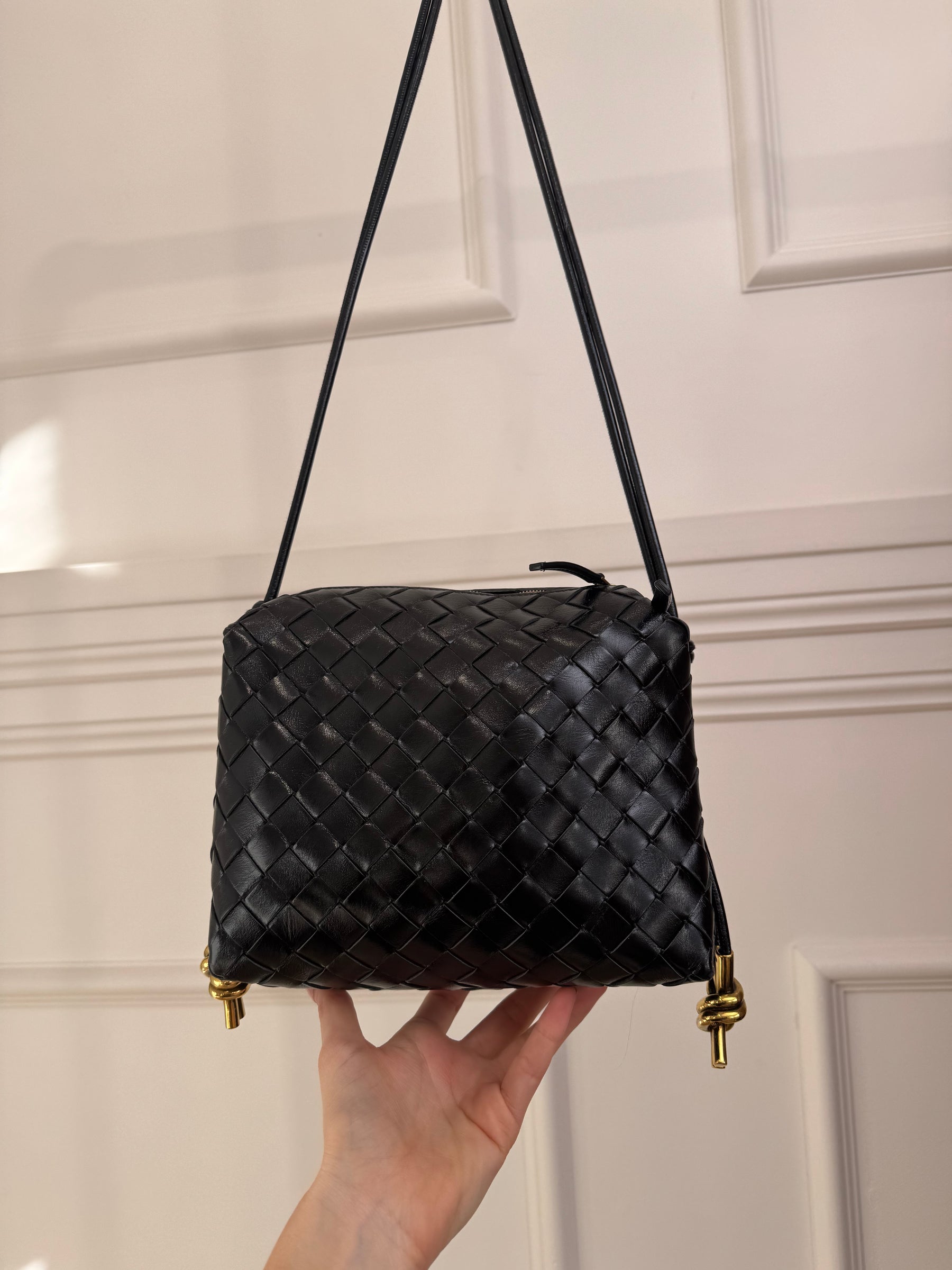 Bottega Veneta Black Patent Intrecciato Leather Small Loop Bag