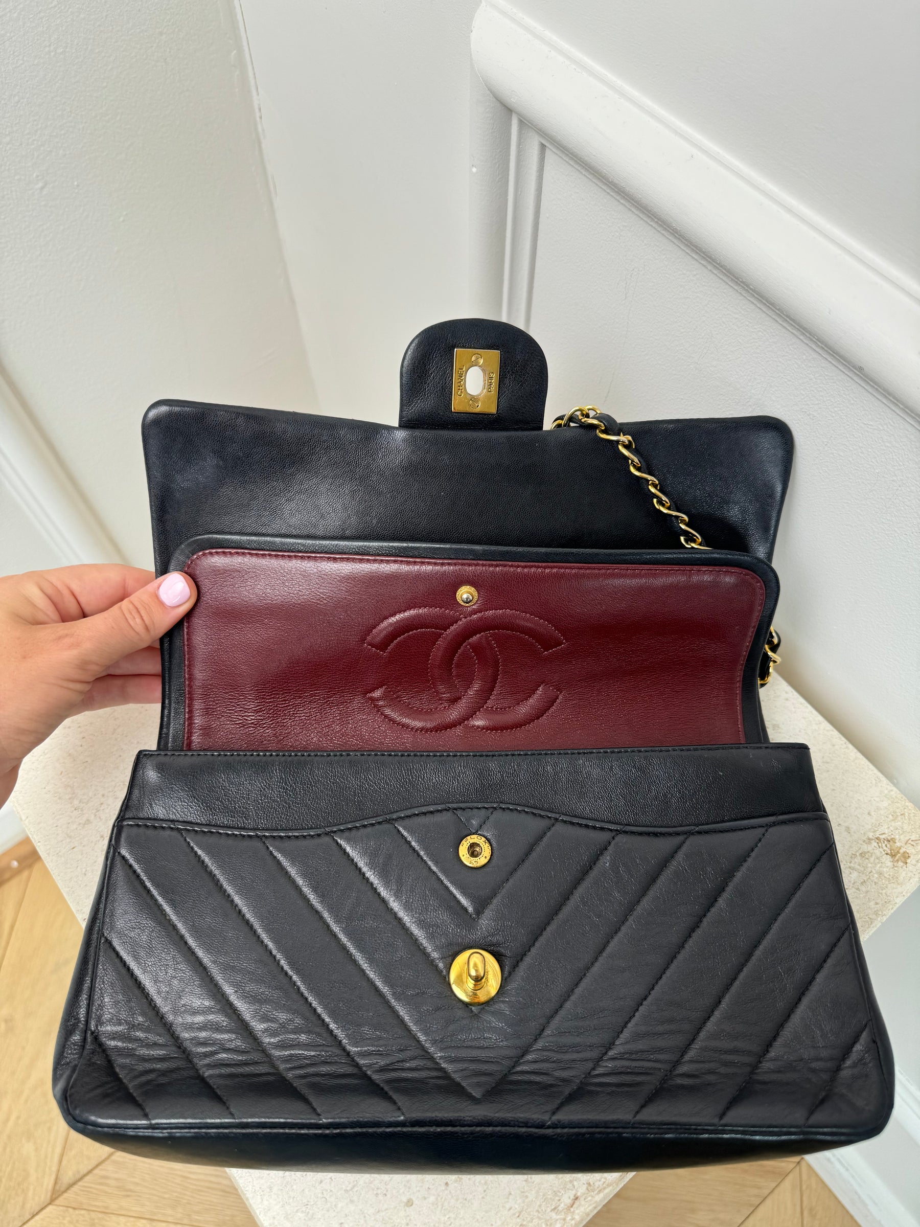 Chanel Black Chevron Leather Small Classic Flap