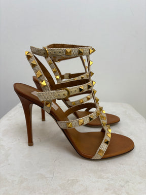 Valentino Garavani Natural Raffia Rockstud Caged Stilletos, 36.5