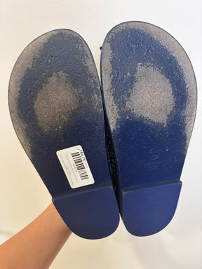Chanel Blue Tweed Dad Sandals With Crystals And Pearls, 38 C