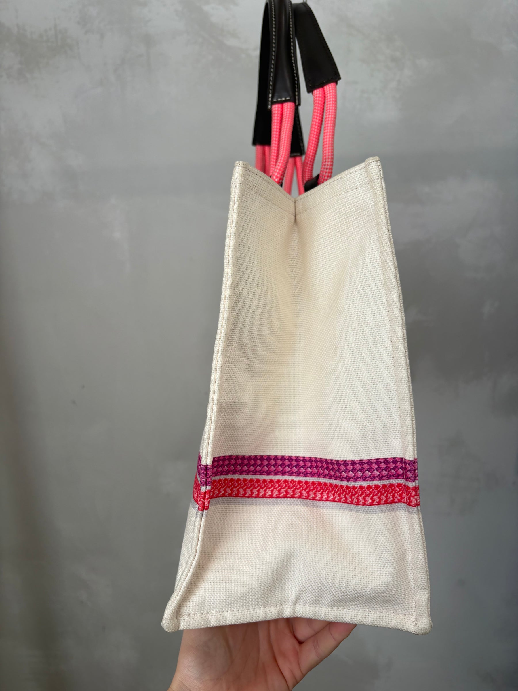 Longchamp Cream Pink and Purple Rope Print Canvas Tote