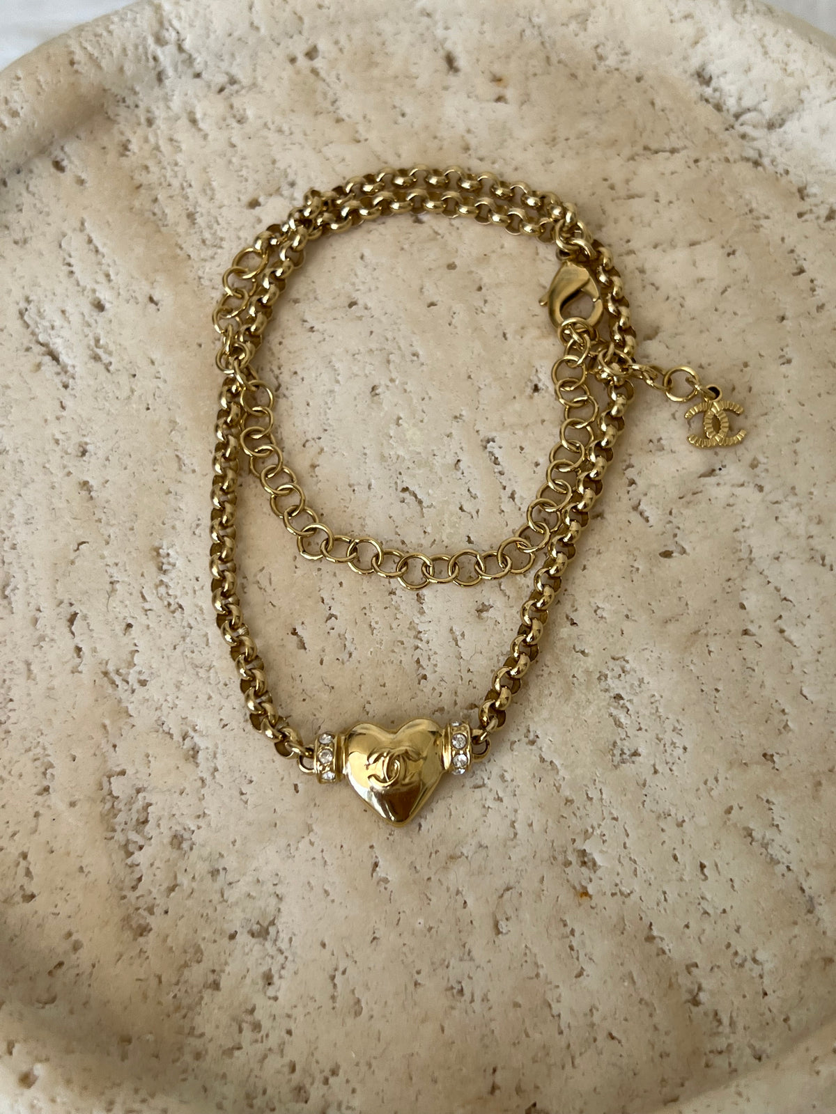 Chanel Gold Tone Crystal and Heart Chain Necklace