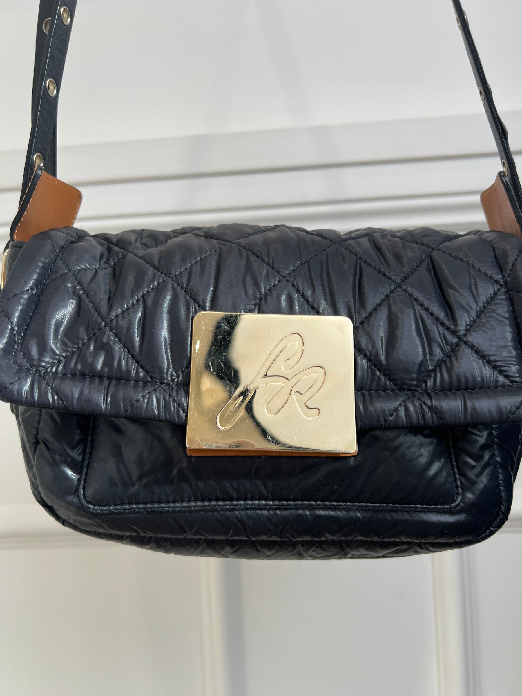 Sonia Rykiel Black Padded Tan Studded Strap Crossbody Bag