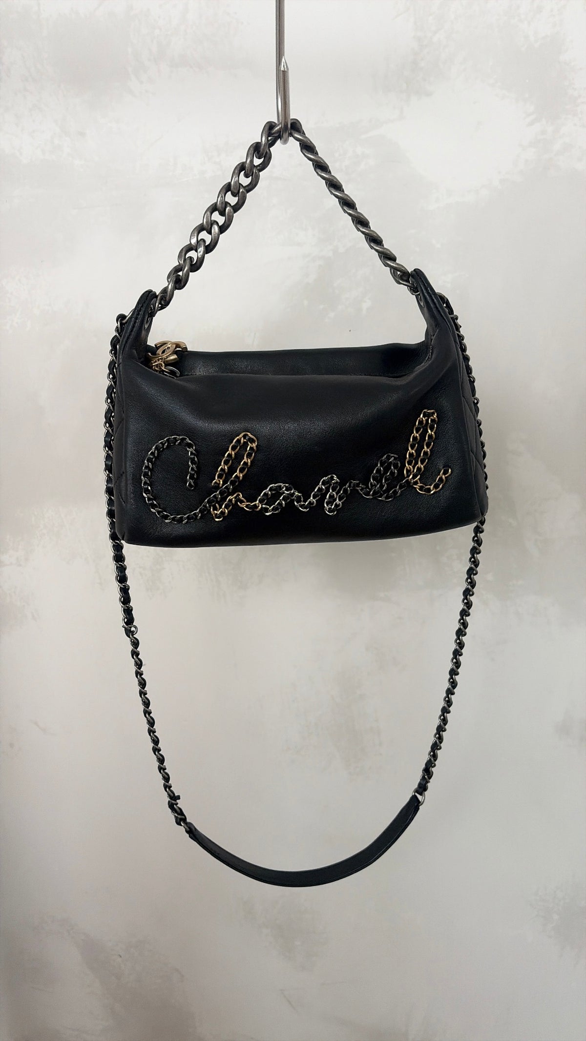 Chanel Black Calfskin Chain Signature Hobo Bag