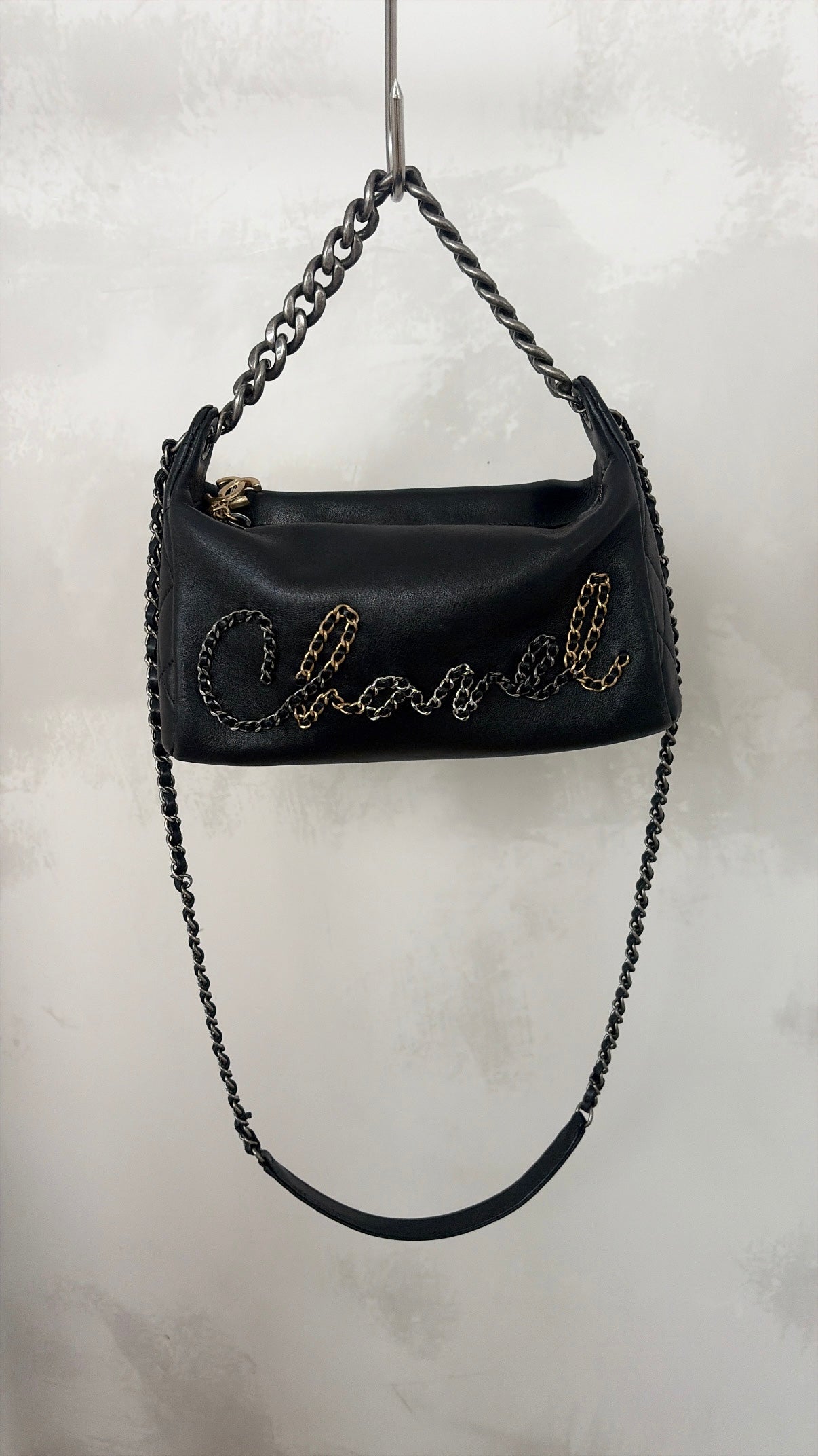 Chanel Black Calfskin Chain Signature Hobo Bag