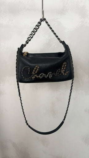 Chanel Black Calfskin Chain Signature Hobo Bag