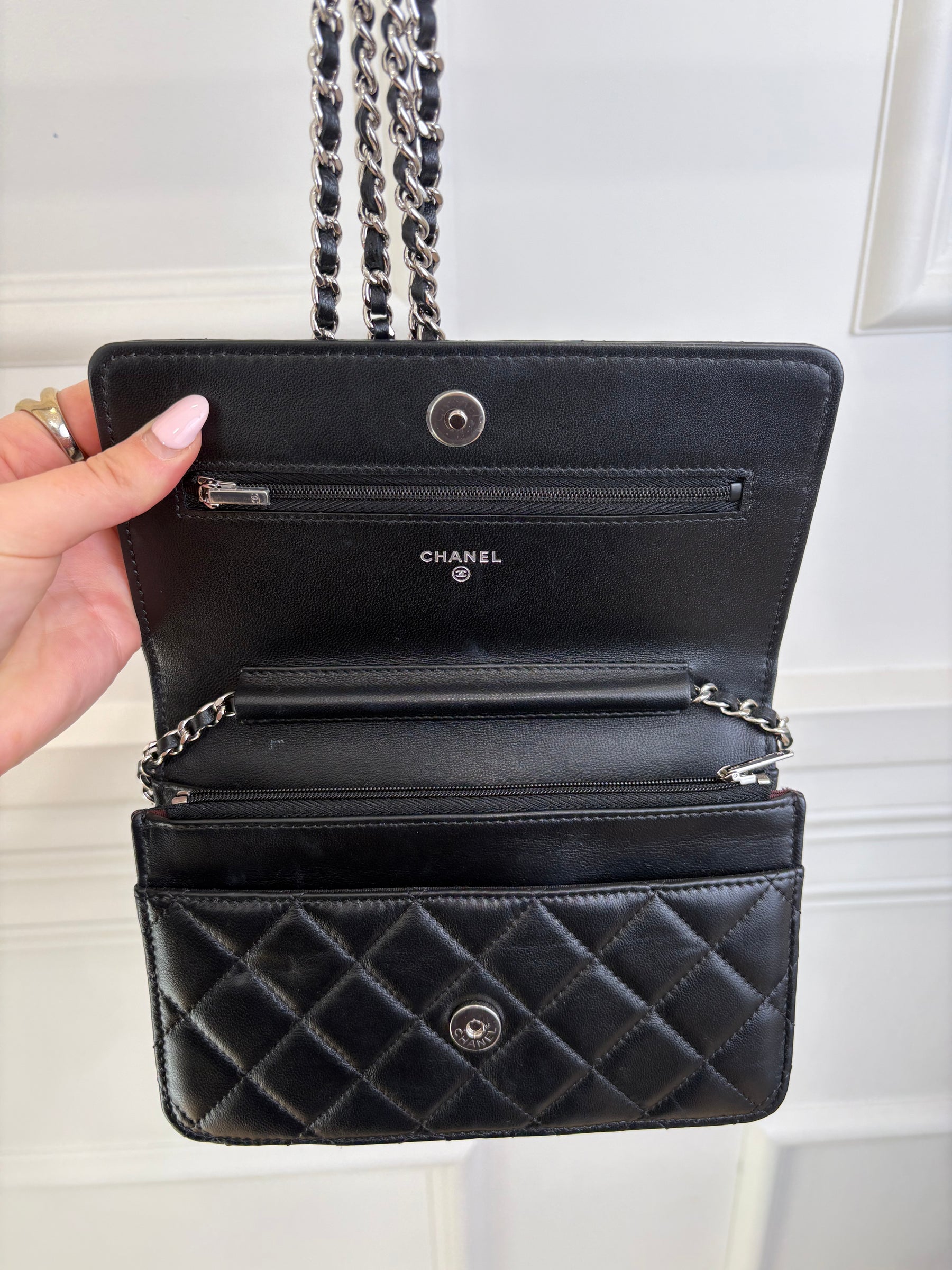 Chanel Black Quilted Wallet On Chain Silver Hardware