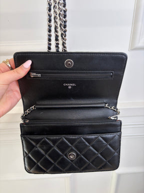 Chanel Black Quilted Wallet On Chain Silver Hardware
