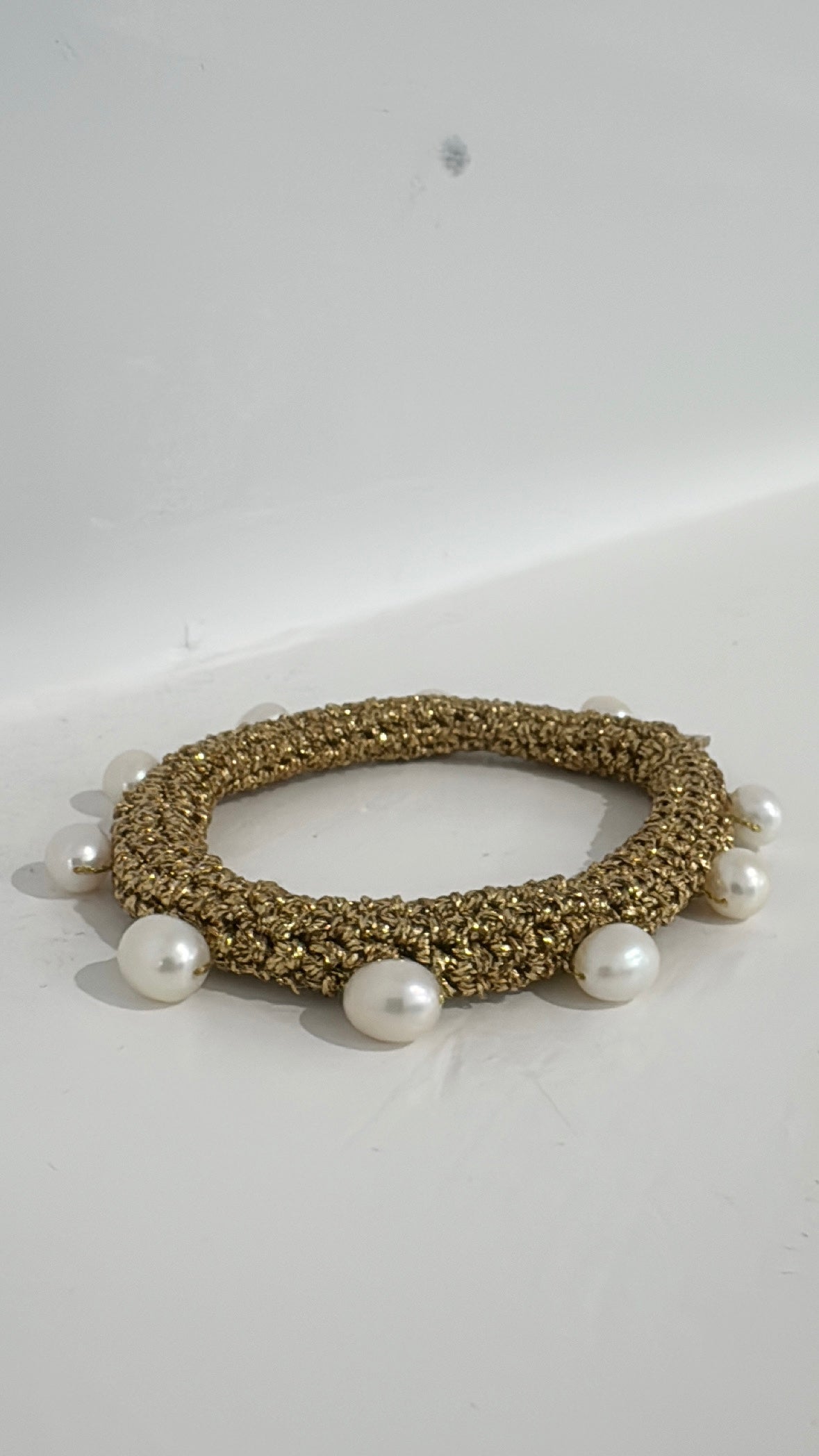 Lucy Folk Gold Metallic Crochet Bracelet With Pearl Detail