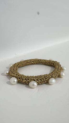 Lucy Folk Gold Metallic Crochet Bracelet With Pearl Detail