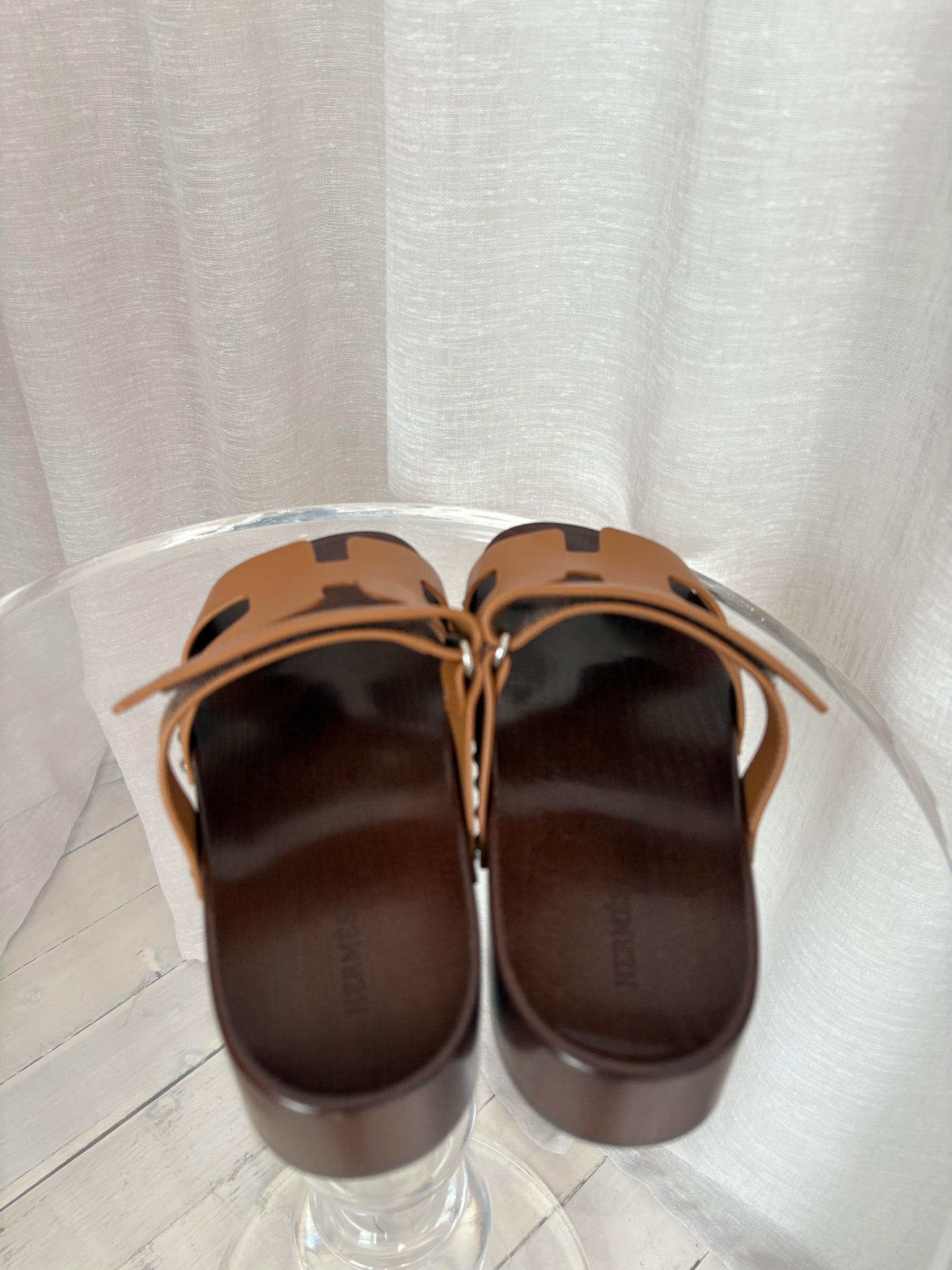 Hermès 'Naturel' Leather Wooden Kos Clogs, 40