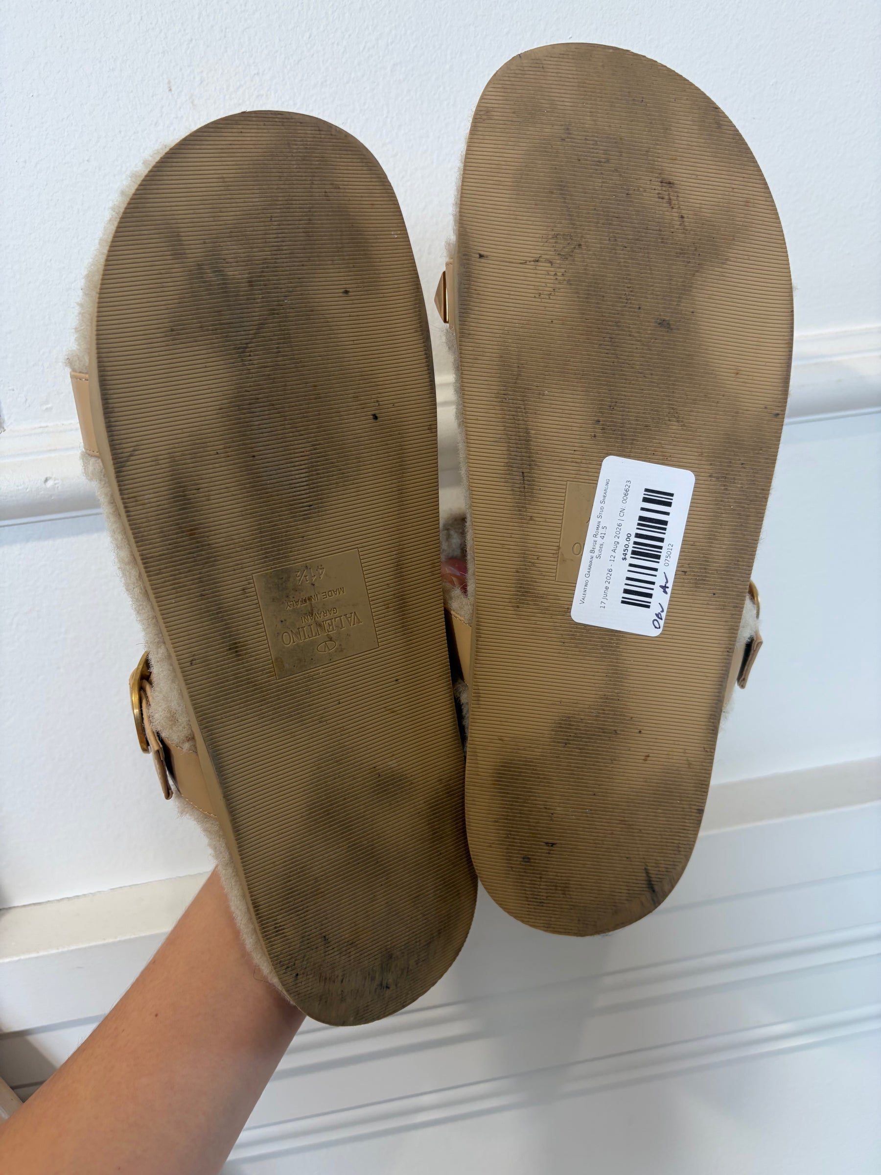 Valentino Garavani Beige Roman Stud Shearling Slides, 41.5