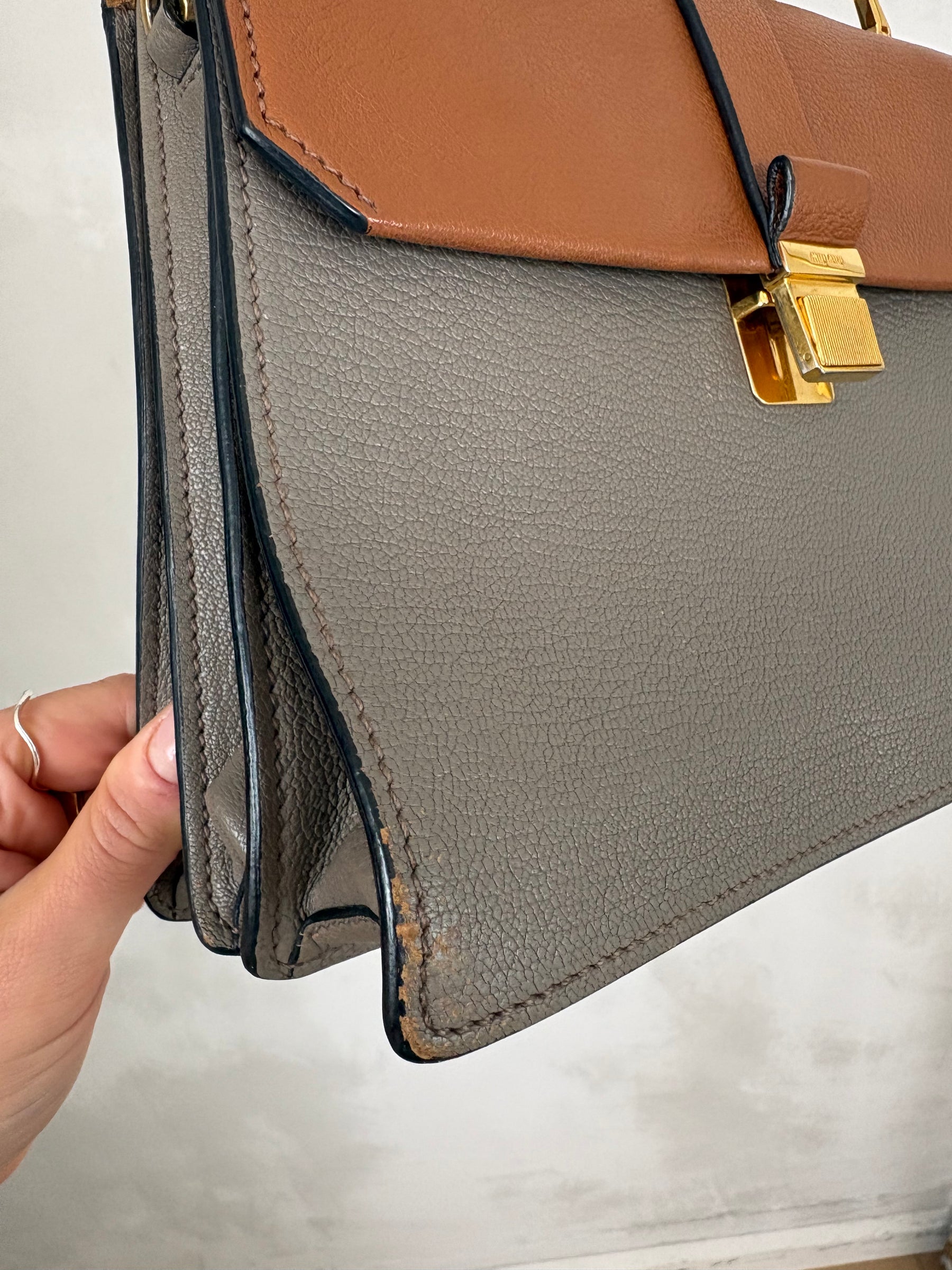 Miu Miu Madras Convertible Campartment Top Handle Bag Tan