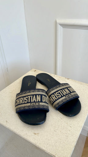 Dior Navy Logo D Way Slides, 37.5