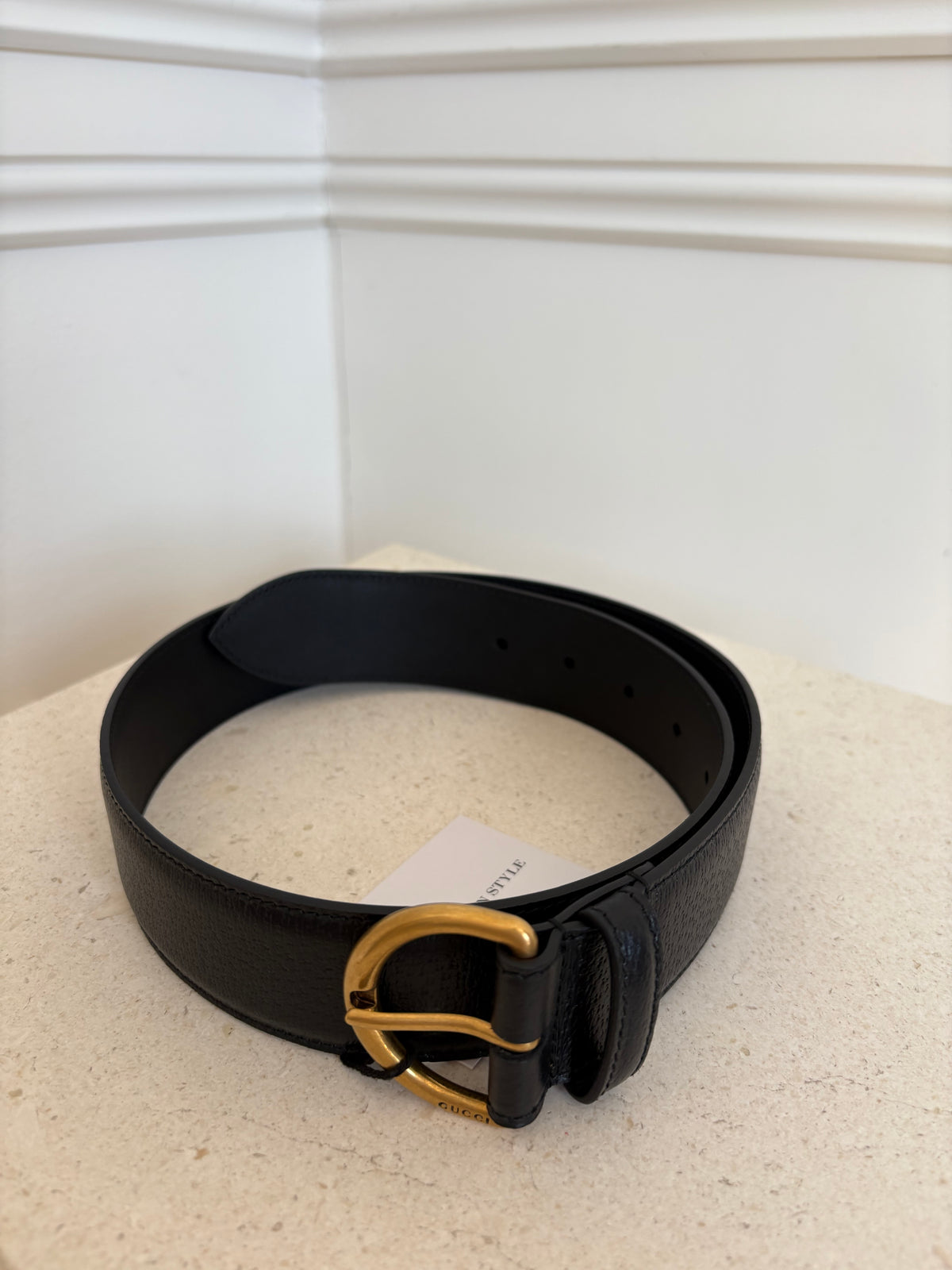 Gucci Black Leather Curved Buckle Belt, 70