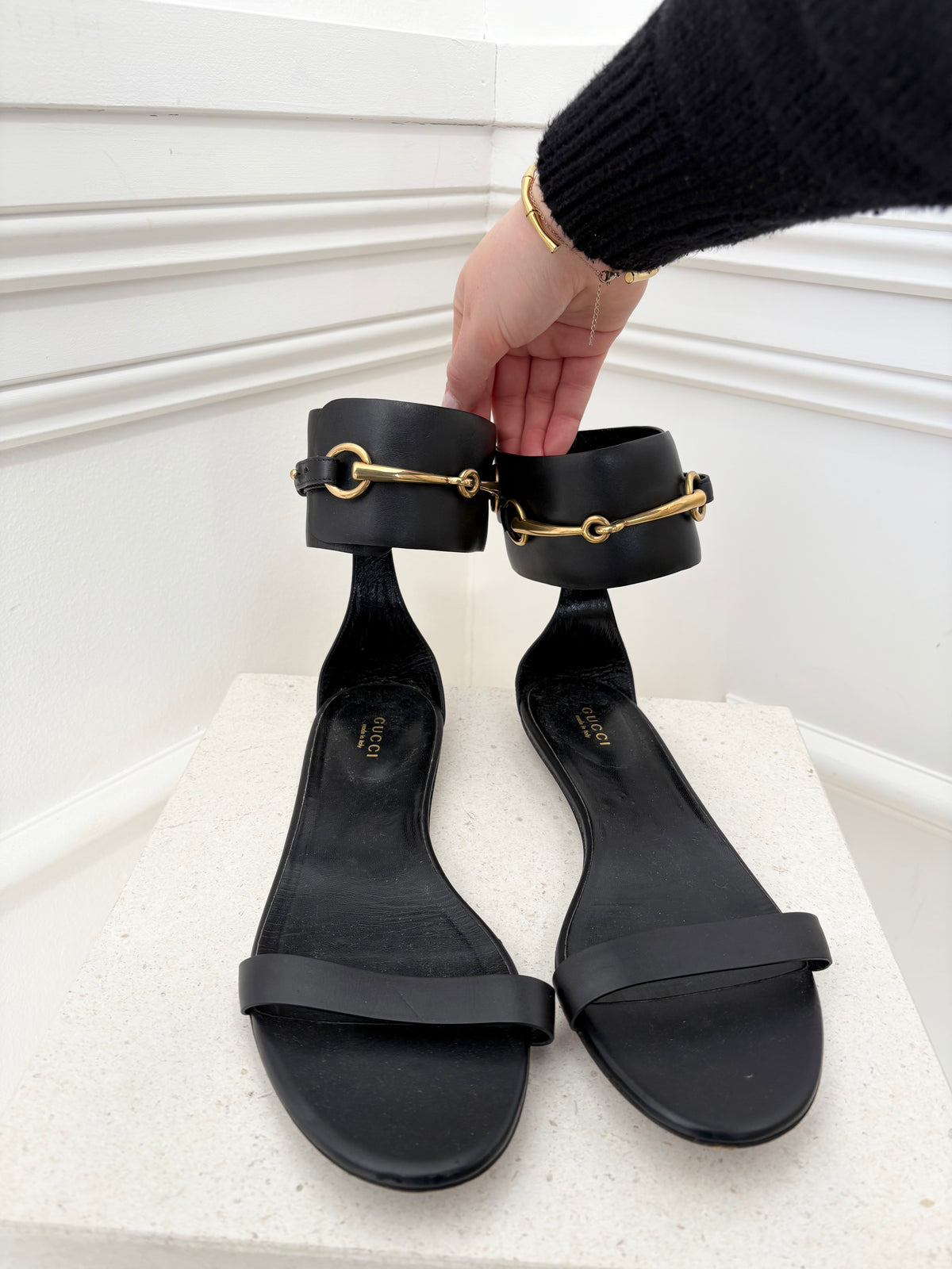 Gucci Black Leather Horsebit Ankle Strap Sandals, 40
