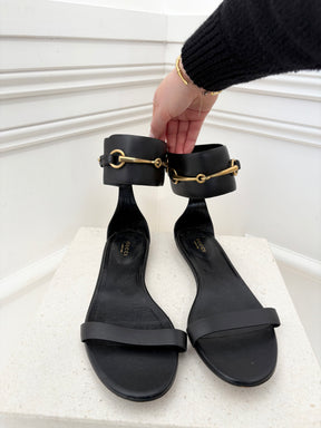 Gucci Black Leather Horsebit Ankle Strap Sandals, 40
